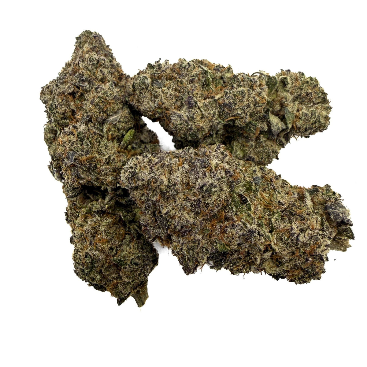 A cluster of Black Cherry Runtz buds with green, brown, and orange tones, isolated on a solid white background.